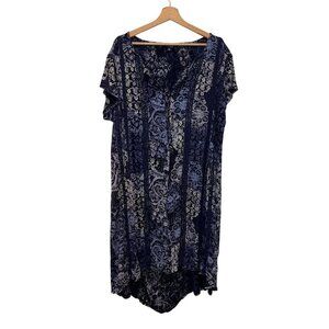 Lucky Brand Blue Paisley Floral Bohemian Short Sleeve Midi Dress Women's Size XL